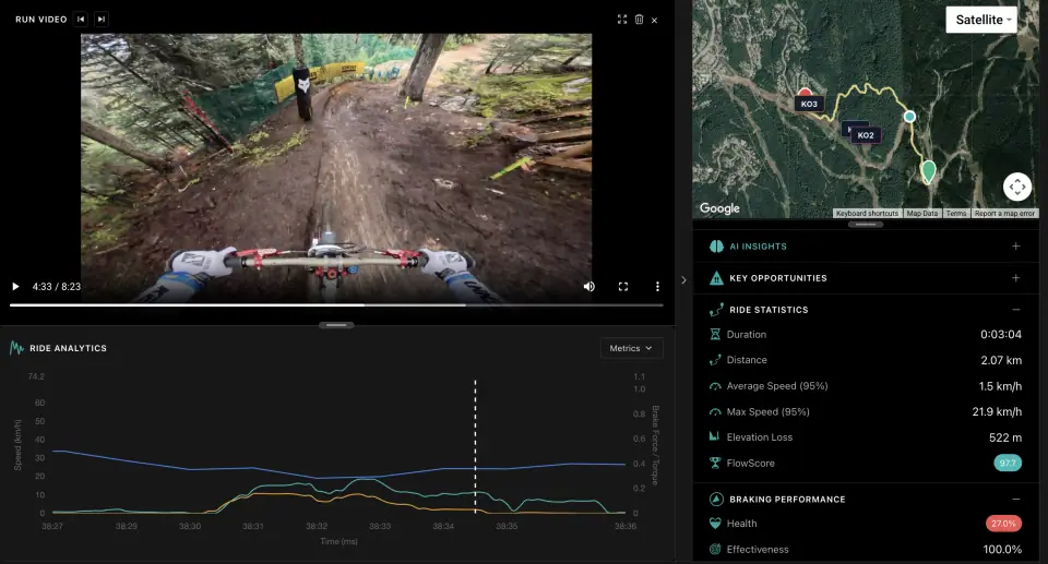 BrakeAce web dashboard: GoPro run video, braking and speed graph, and the GPS map in one synced screen