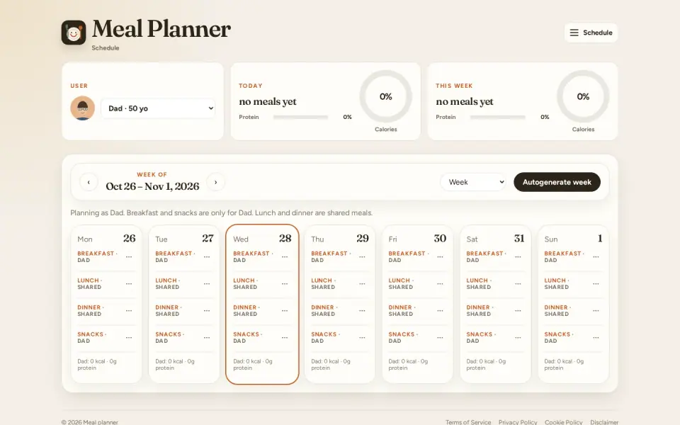 Meal Planner weekly schedule (demo data)