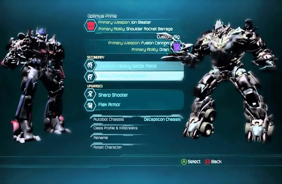 Transformers: Dark of the Moon character customization menu