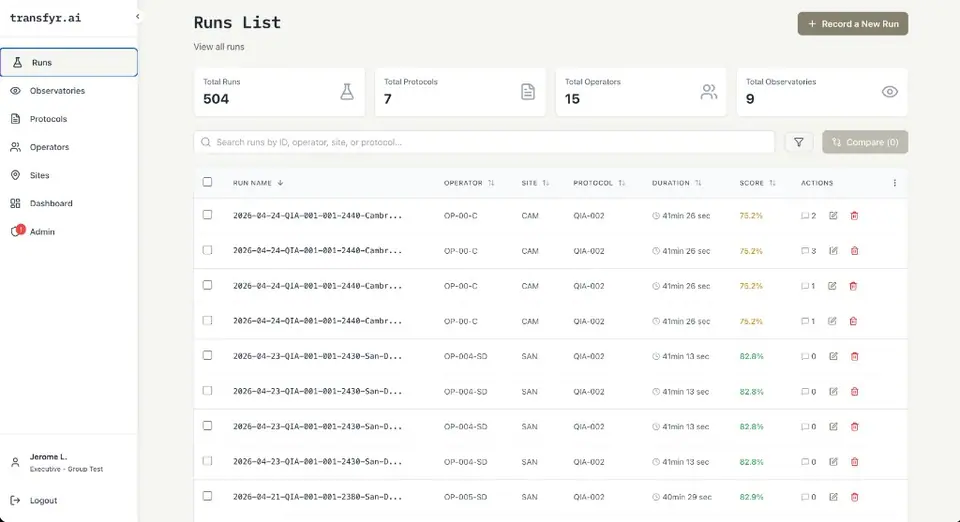 Transfyr runs list with filters
